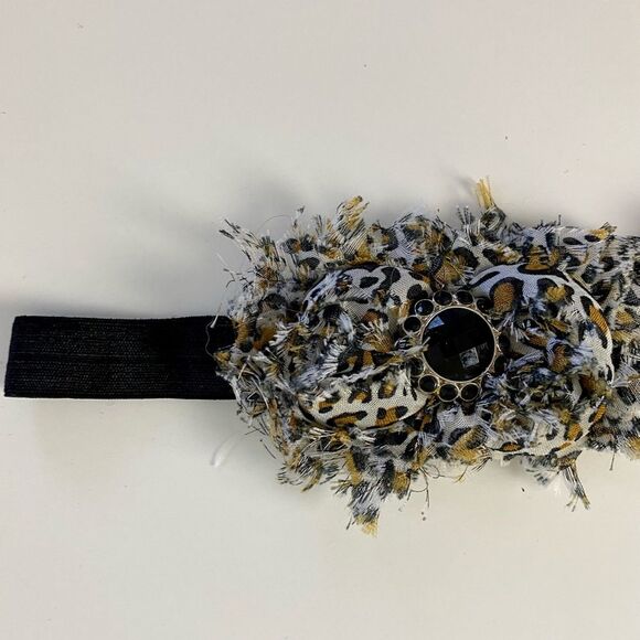Cheetah Print Frayed Rosettes on Soft Elastic Headband and Rhinestone Center - Picture 5 of 6